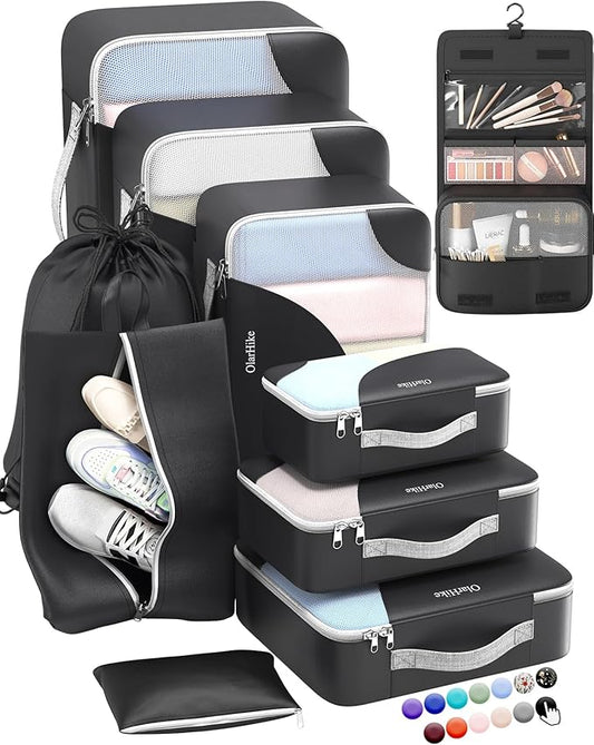 ALL INCLUDED 10 Set Durable Packing Cubes for Suitcases,OlarHike Essentials for Travel,UPGRADED Anti-Tear Stitching, NEW Improved Luggage Packing Organizers for Travel Accessories (Black)