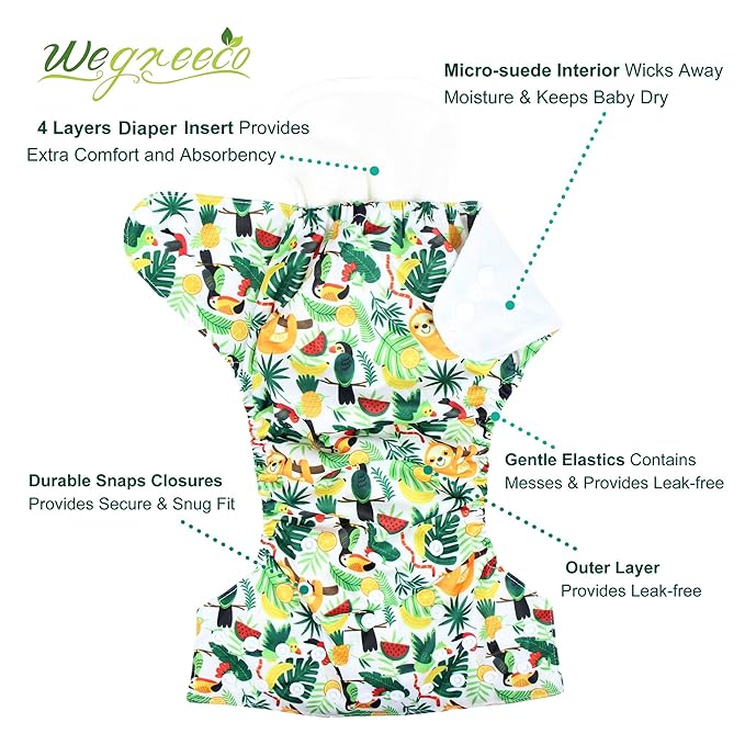 wegreeco Cloth Diapers 6 Pack with 6 Inserts & 1 Wet Bag, Washable Cloth Diapers for Babies, One Size Adjustable Reusable (Fruits, Animals)