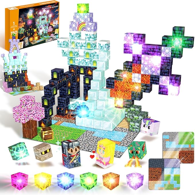150 PCS Magnetic Building Toys, Magnetic Building Blocks with Light, magnetic cubes Princess & Knight Theme Light Up, STEM Sensory Stacking Build Mine Set for Kid Age 3+ (150pcs with 15 Flashing Cubes