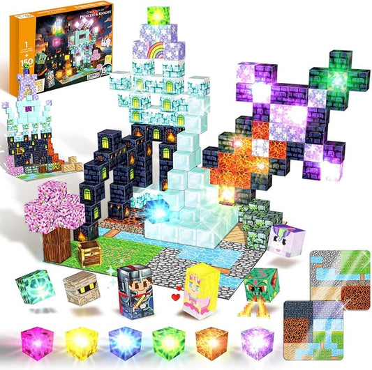 150 PCS Magnetic Building Toys, Magnetic Building Blocks with Light, magnetic cubes Princess & Knight Theme Light Up, STEM Sensory Stacking Build Mine Set for Kid Age 3+ (150pcs with 15 Flashing Cubes