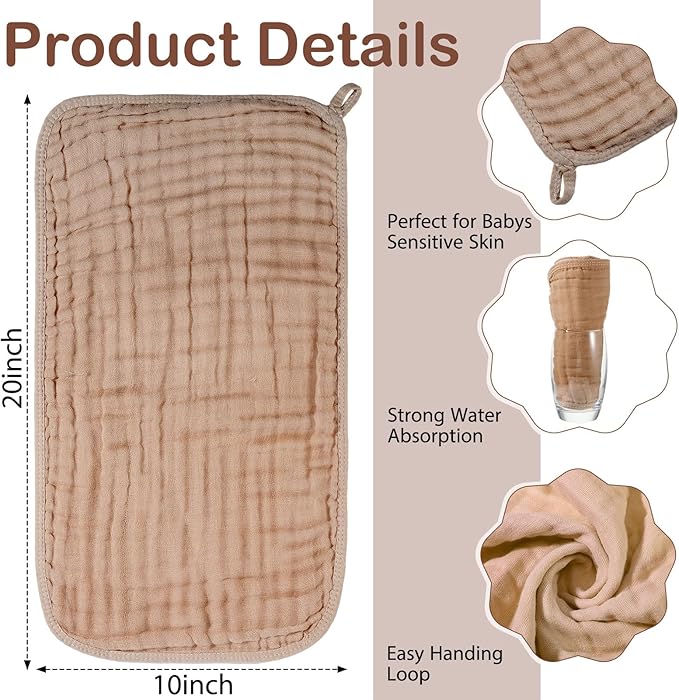 VitalCozy 6 Pcs Baby Muslin Hooded Bath Towels and Washcloths Muslin Cotton Hooded Baby Towels Absorbent Blankets for Gift Newborn Infant Shower (32 x 32 Inch,Brown,Coffee)