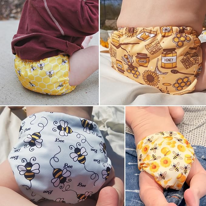 Mama Koala 3.0 Pocket Cloth Diapers for Babies, 6 Pack with 6 4-Layer Natural Cloth Diaper Inserts - Reusable and Washable Pocket Diapers (S-Hardworking Bees)