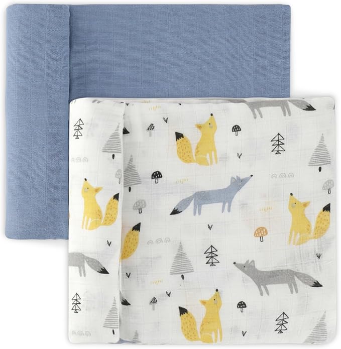 Featherhead™ 100% Cotton Muslin Swaddle Blankets for Baby Boy - Large 47”x 47” - Pre-Washed, Soft, & Breathable - Newborn Essential & Perfect Baby Registry Gift (2 Pack - Blue Foxes)