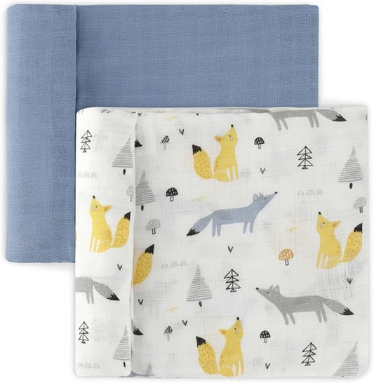 Featherhead™ 100% Cotton Muslin Swaddle Blankets for Baby Boy - Large 47”x 47” - Pre-Washed, Soft, & Breathable - Newborn Essential & Perfect Baby Registry Gift (2 Pack - Blue Foxes)