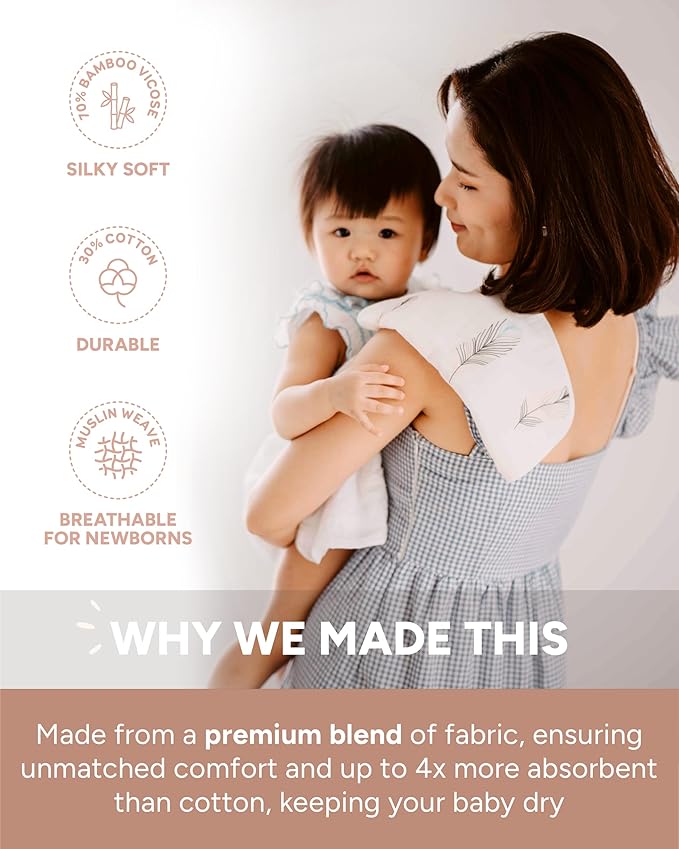 Nightingale Baby Washcloths, Rayon from Bamboo Baby Clothes Organic Wash Cloths with Cotton, Newborn Bath Essentials, Burping Cloths for Babies, Face Towels Reusable 12"x12" (Feather) 6 Pack