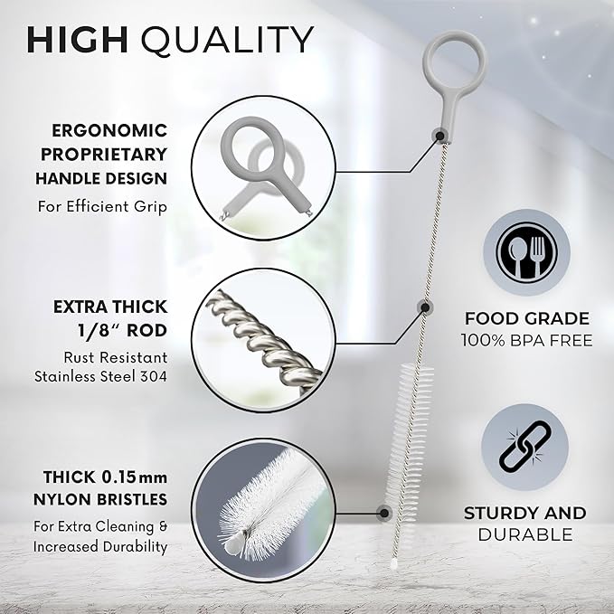 Heavy Duty Cleaning Brushes Set of 8 - Extra Long Straw Cleaners for Metal and Plastic Reusable Drinking Straws, to Clean Small Spaces, Sippy Cups, Water Bottles - Sturdy Hard Brush Bristles