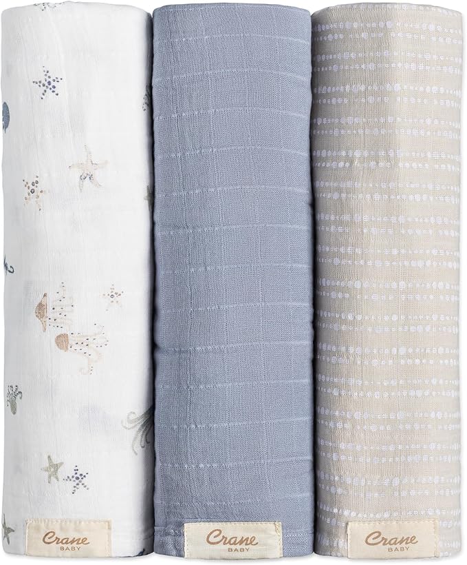 Crane Baby Blanket, 100% Cotton Muslin, Set of 3, 47 X 47, Nautical Ocean Muslin Blanket Sea Life Bohemian