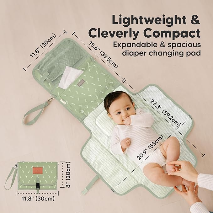 KeaBabies Portable Diaper Changing Pad - Large Waterproof Baby Changing Mat, Compact Travel Diaper Clutch, Functional Pockets Fit Newborn Essentials, Wipeable & Padded Baby Changer (Acacia)
