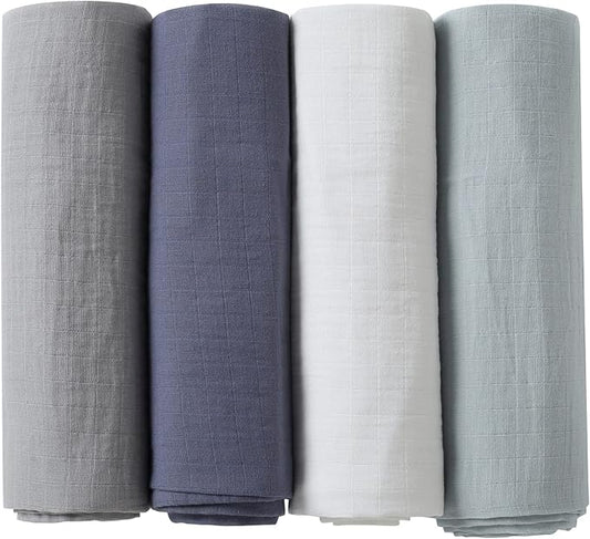Muslin Swaddle Blankets, Baby Swaddle Blanket, Large 47 x 47 inches Muslin Baby Blanket wrap for Baby Boys and Girls, 4 Pack, Solid Color, Grey Blue White Green