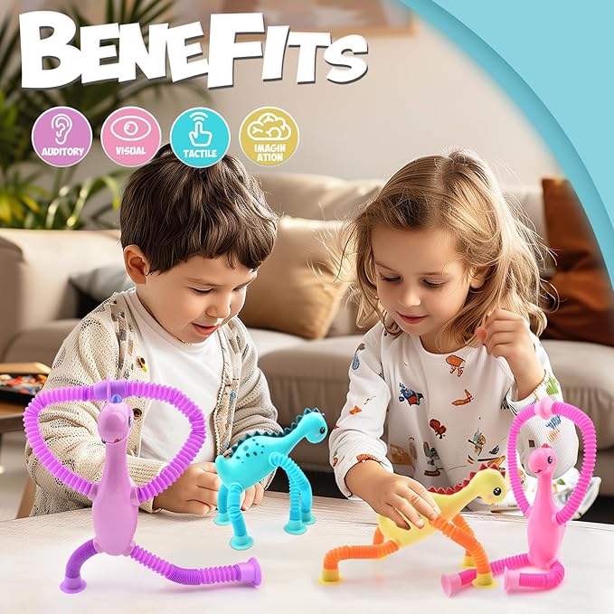 4Pcs Telescopic Suction Cup Dinosaur Toys,Sensory Toys for Kids 3-5 5-7,Toddler Toy,Fidget Toy,Toddler Travel Essential for Airplane,Pop Tubes, Christmas Stocking for Kids Boys Girls A