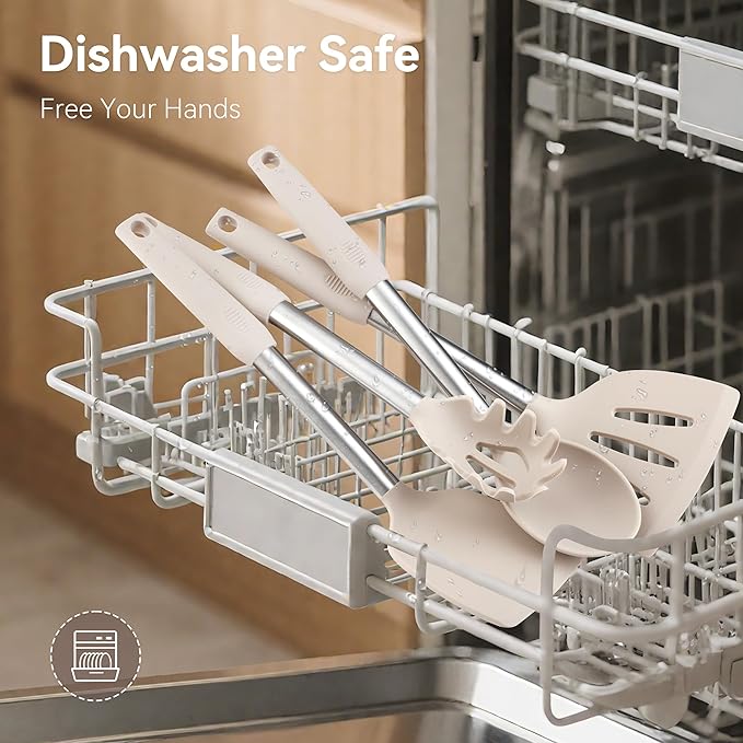 Silicone Cooking Utensils Set, NCUE 35 Pcs Kitchen Utensils Set with Holder, with Stainless Steel Handle Spatula Set, Spoons, Pasta Server, Cheese Grater, Masher, Scissors, Dishwasher Safe (Khaki)