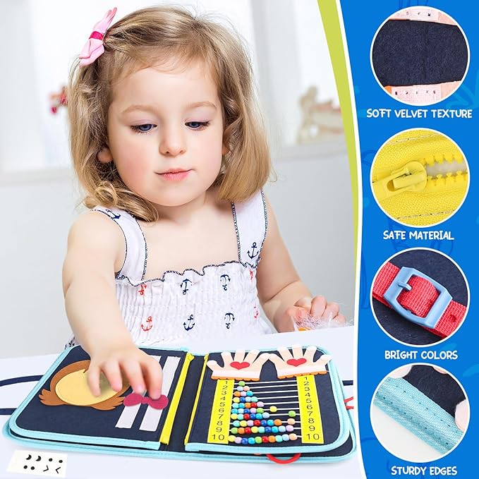 Toddler Busy Board, Montessori Sensory Toys for Boys, 1-4 Year Old Girl Toddler Travel Toys, Educational Learning Activities Board for Motor Skills, Birthday Gifts for Airplane Car, Blue Dinosaur