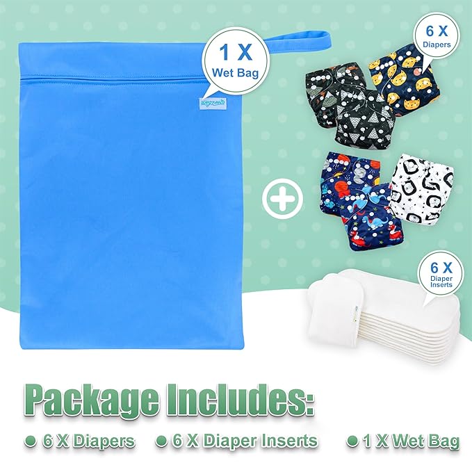 wegreeco Cloth Diapers 6 Pack with 6 Inserts & 1 Wet Bag, Washable Cloth Diapers for Babies, One Size Adjustable Reusable (Dinosaur)