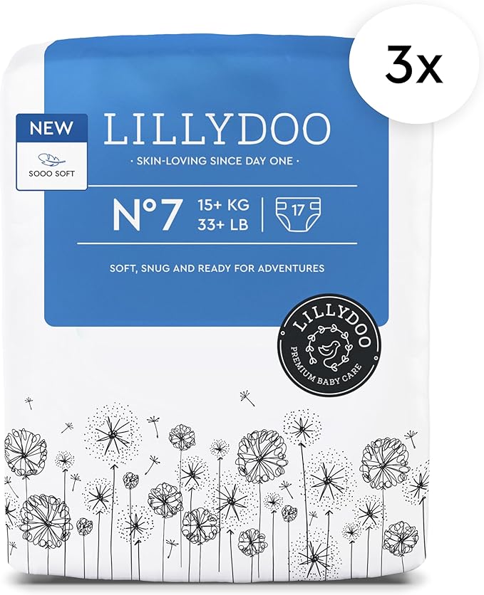 LILLYDOO Baby Diapers - Size 7 (33+ lbs), Half-Monthly Supply (51 Count), Leak Protection, Skin-Friendly, Ultrasoft, Perfume- & Chlorine-Free, Hypoallergenic, Dermatologist Tested, Oeko-TEX®