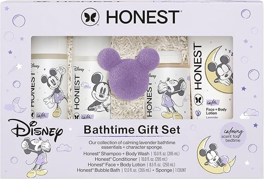 The Honest Company Calm Lavender Bathtime Gift Set, Disney Design, Hypoallergenic Bath for Sensitive Baby Skin, Shampoo Body Wash Face Lotion Bubble Conditioner Sponge