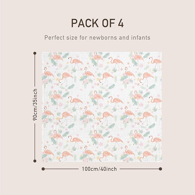 GLLQUEN BABY Muslin Swaddle Blankets 4-Pack Breathable Receiving Blankets (35" x 40") Soft Baby Blankets for Girls and Boys Newborn Essentials Muslin Burp Cloths Swaddle Wrap Baby Gift(Flamingo)