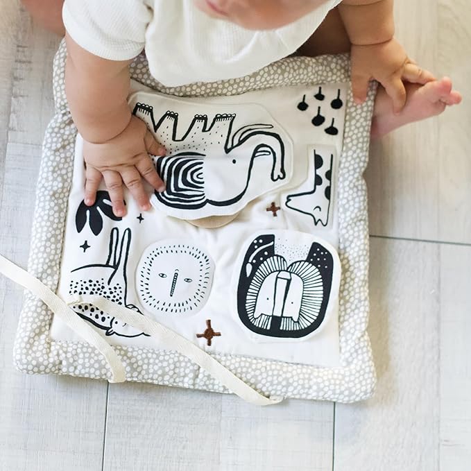 Wee Gallery Safari Activity Pad Organic Baby Play Mat with Sensory Toys, High Contrast Newborn Essentials Soft Tummy Time Mat for Babies 0-12 Months, Visual and Motor Skill Development Toy