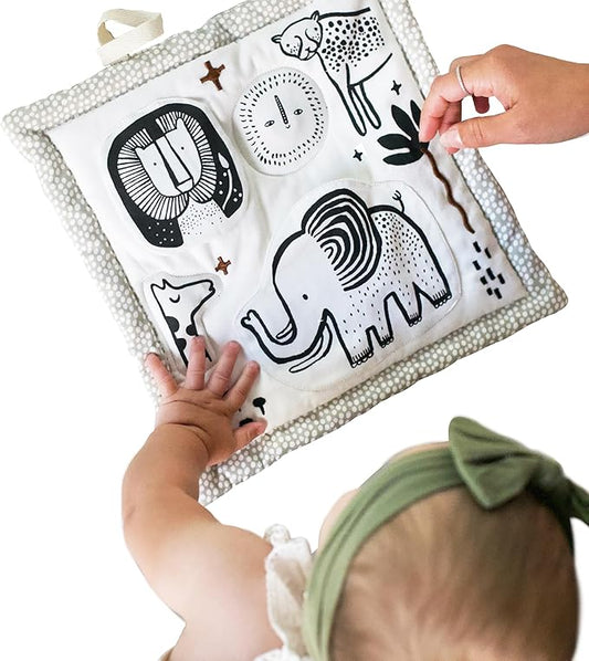 Wee Gallery Safari Activity Pad Organic Baby Play Mat with Sensory Toys, High Contrast Newborn Essentials Soft Tummy Time Mat for Babies 0-12 Months, Visual and Motor Skill Development Toy