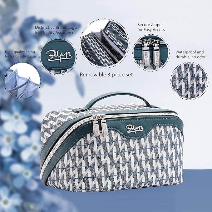 BOYATU Travel Makeup Bags for Women: Large Capacity Cosmetic Bag Set of 3 - Vegan Leather Make up Bags with Compartments - Wide Open Waterproof Toiletry Organizer Bag with Handle (B-01-Royal blue)