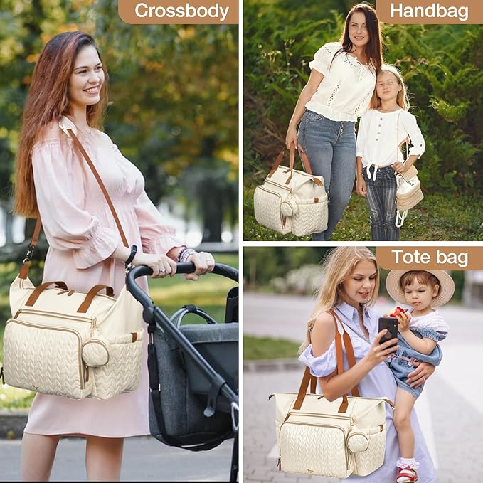Diaper Bag Tote, Large Baby Diaper Bags Waterproof, Hospital Bag for Labor Delivery with Pacifier Case, Changing Pad, Shoulder Strap, Beige