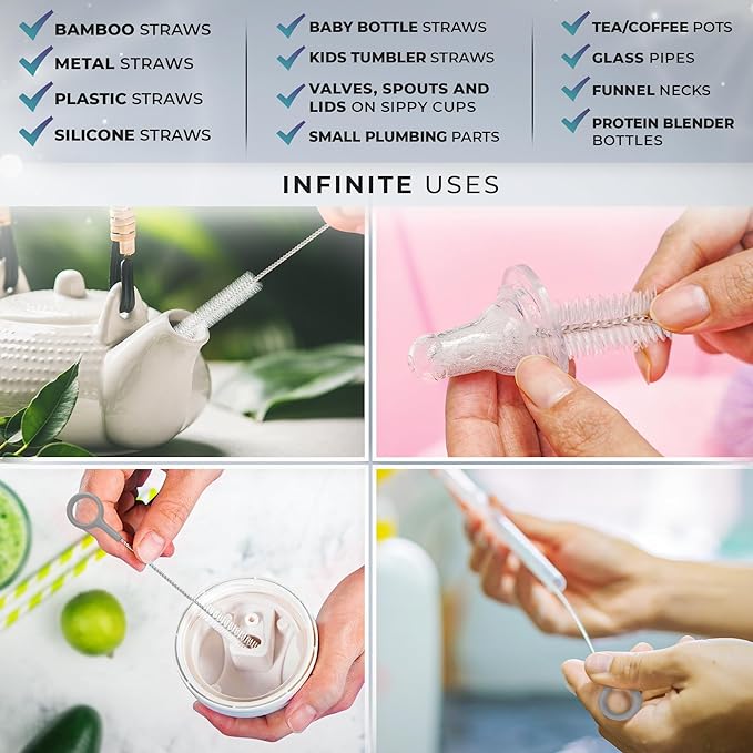 Heavy Duty Cleaning Brushes Set of 8 - Extra Long Straw Cleaners for Metal and Plastic Reusable Drinking Straws, to Clean Small Spaces, Sippy Cups, Water Bottles - Sturdy Hard Brush Bristles