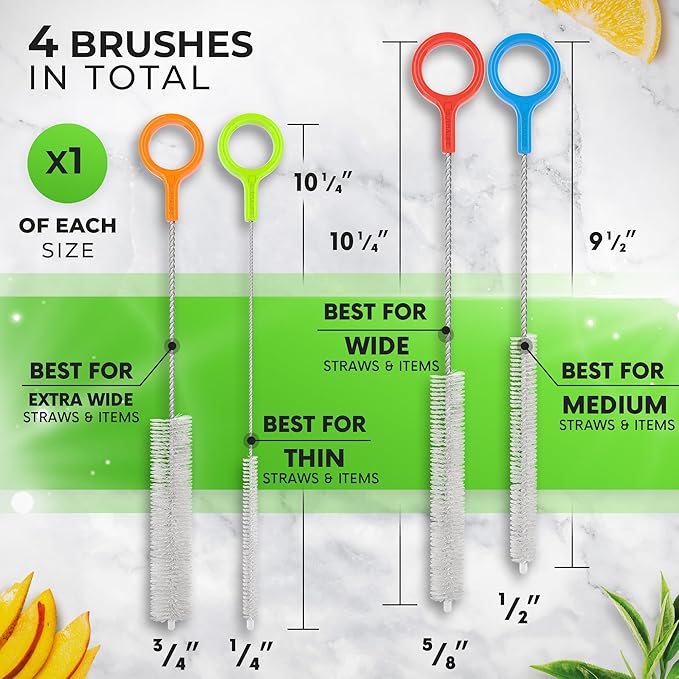 Heavy Duty Cleaning Brushes Set of 4 - Extra Long Straw Cleaners for Metal and Plastic Reusable Drinking Straws, to Clean Small Spaces, Sippy Cups, Water Bottles - Sturdy Hard Brush Bristles