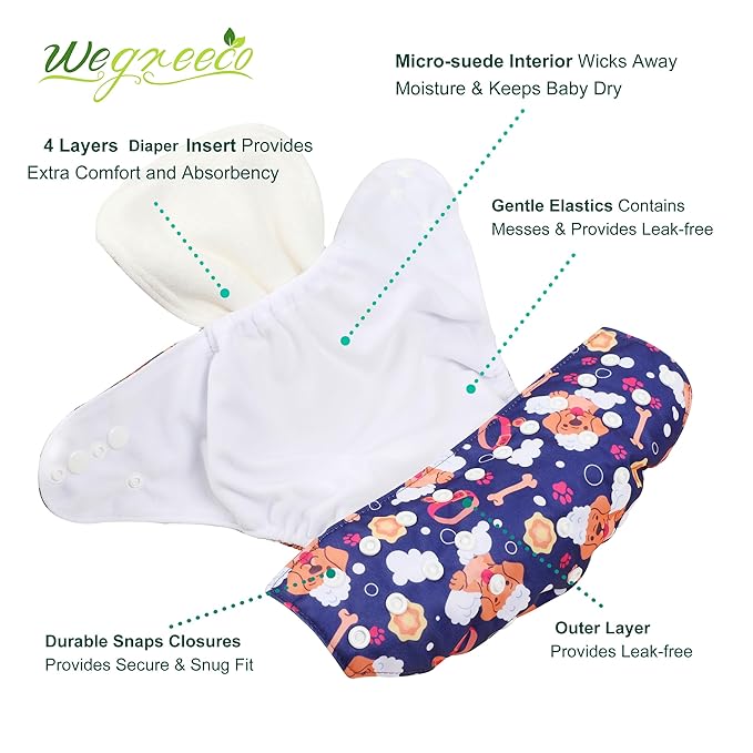 wegreeco Cloth Diapers 6 Pack with 6 Inserts & 1 Wet Bag, Washable Cloth Diapers for Babies, One Size Adjustable Reusable (Little Dogs)