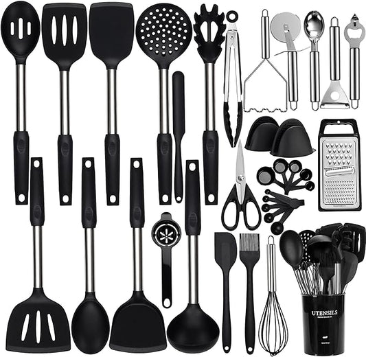 Silicone Cooking Utensils Set, NCUE 35 Pcs Kitchen Utensils Set with Holder, with Stainless Steel Handle Spatula Set, Spoons, Pasta Server, Cheese Grater, Masher, Scissors, Dishwasher Safe (Black)