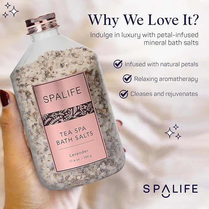 SpaLife Tea Spa Petal-Infused Effervescent Mineral Bath Salts - Lavender & Rose, 2-Pack 17.6 oz. ea for Relaxing Aromatherapy and Soothing Soaks