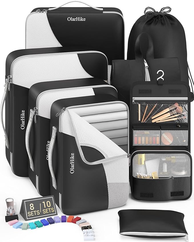 8 Set Packing Cubes for Travel, Gifts for Men,Anti-Tearing Suitcase Organizer for Luggage with Shoe & Hanging Toiletry Bag, OlarHike Vacation Accessories for Cruise, Travel Essentials for Men, Black