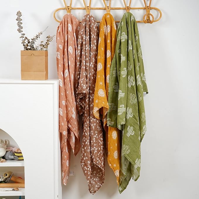 4 Set Muslin Swaddle Blankets for Newborn Baby Boys, Girls,Receiving Blankets-Cute Soft Print Baby Towel Wrap 120x110cm Baby(Cactus)