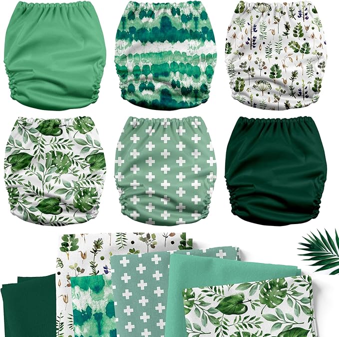 Mama Koala 3.0 Pocket Cloth Diapers for Babies with AWJ Lining, 6 Pack with 6 4-Layer Natural Cloth Diaper Inserts - Reusable and Washable Pocket Diapers (Love Green)