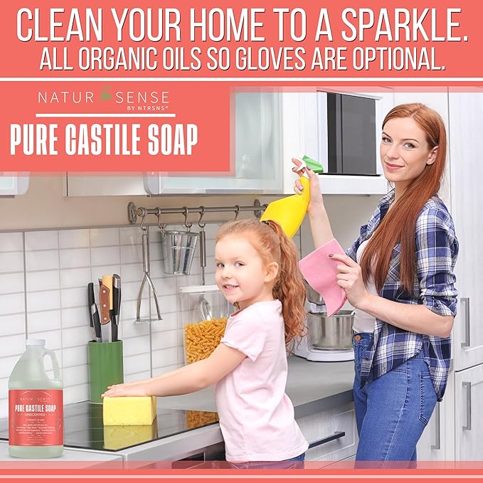 NTRSNS NaturSense Pure Castile Soap. Unscented, Made with 100% Certified Organic Oils, Gentle Personal & Baby Wash, Safe & Effective Household Cleaning - 1 Gallon total w/pump, 64oz x 2 Bottles