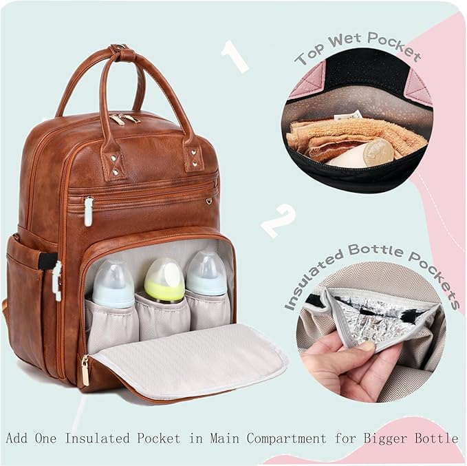 18 Pockets Large Diaper Bag Backpack with Waterproof Pockets and Stroller Buckle, Convertible Baby Bag (Brown, Large)