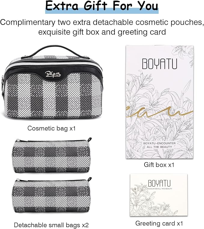 BOYATU Travel Makeup Bag Organizer Cosmetic Bag: 3 Pcs Set Make up Bags for Women with Handle - Waterproof Vegan Leather Toiletry Bags Travel Essentials Pouch with Compartments (F-01-Black)