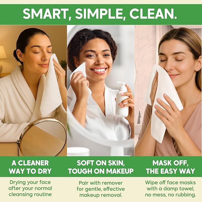 XL Disposable Face Towels - 75 Ct. + 6 Travel Face Wipes - 10"x12" Dry, Super Soft & Absorbent Facial Cleansing Wash Cloths & Clean Towelettes - 100% Biodegradable Bamboo Washcloths & Makeup Remover