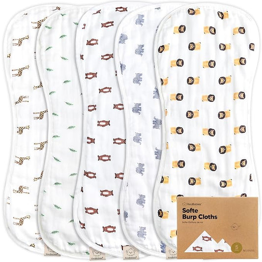 5-Pack Muslin Burp Cloths Baby Boy, Girl - Very Absorbent Baby Burp Cloth Rags, 8-Layers Viscose Derived from Bamboo Cotton Muslin Towel, Super Soft Spit Up Rags, No Shrink Washcloths (The Wild)