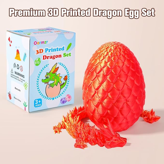 12''3D Printed Dragon and 4.73''Egg - 3D Printed Toys, Articulated Crystal Dragon Egg with Dragons Inside Fidget Toy, Decor Dragons Collectible Figurines (Red Gold,12inch)