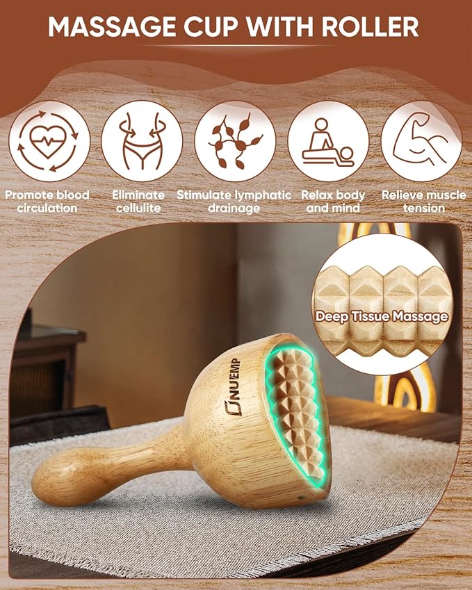 ONUEMP Wooden Therapy Cup with Roller, Wood Therapy Massage Tools, Maderoterapia Kit Colombiana, Fascia Roller for Body Shaping, Lymphatic Drainage, Cellulite Remover, Muscle Relief