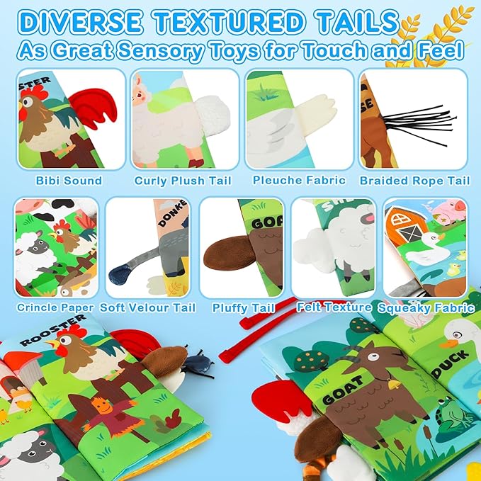 Soft Baby Book - Baby Toy - Newborn Boys Girls Shower Gift - Tummy Time Toy for Infant 0-6 6-12 Months - Touch and Feel Sensory Crinkle Book with Teether for Toddler