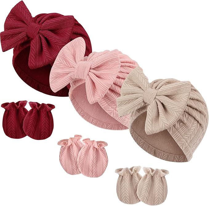 BQUBO Newborn Girls Hats Baby Hat and Mittens Set Infant Caps Bow Hospital Beanie with No Scratch Mittens for Baby Boys Girls