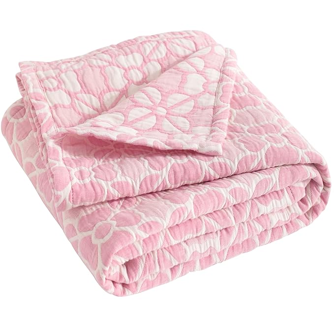 NTBAY 3 Layer Toddler Blanket, Muslin Cotton Jacquard Bed Blankets, Lightweight Thermal Baby Blanket, Super Soft and Warm Crib Blanket for All Seasons, Decoration Gift, 30"x40", Pink Clover