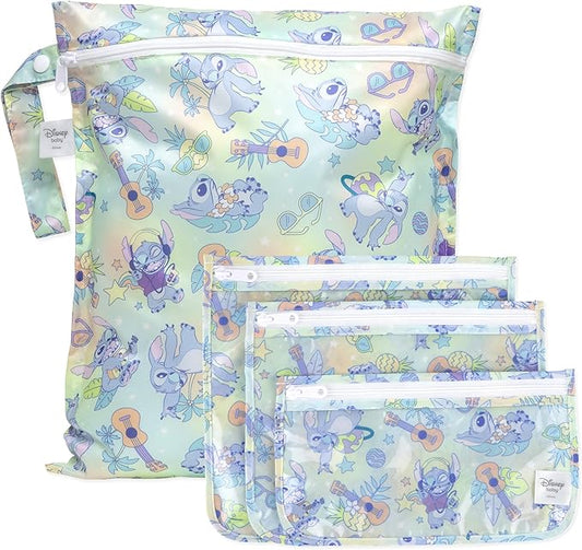 Bumkins - Waterproof Wet Bag & Clear Travel Bags - For Beach, Baby, Travel, Swim Suit, Cloth Diapers, Pump Parts, Pool, Gym, Toiletries - Reusable & Easy to Clean - Disney Stitch - 4 Pack