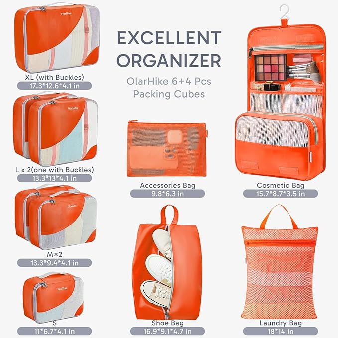 ALL INCLUDED 10 Set Durable Packing Cubes for Suitcases,OlarHike Essentials for Travel,UPGRADED Anti-Tear Stitching, NEW Improved Luggage Packing Organizers for Travel Accessories (Sunset Orange)