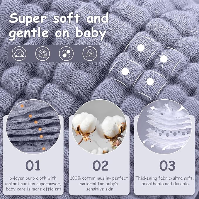 Looxii Muslin Burp Cloths 100% Cotton Muslin Cloths Large 20''x10'' Extra Soft and Absorbent 6 Pack Baby Burping Cloth for Boys and Girls (Fog Blue)