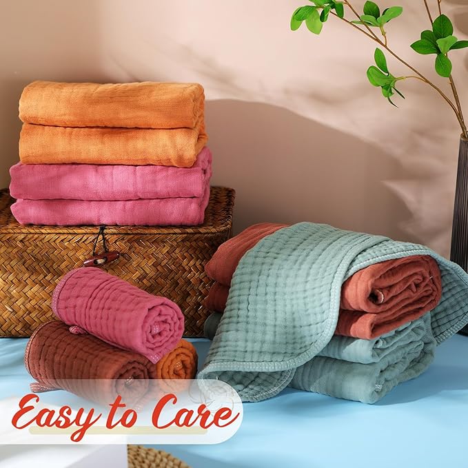 VitalCozy 8 Pcs Baby Muslin Hooded Bath Towels and Washcloths Muslin Cotton Hooded Baby Towels Absorbent Blankets for Gift Newborn Infant Shower (32 x 32 Inch,Classical Color)