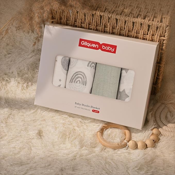 GLLQUEN BABY Muslin Swaddle Blankets 4-Pack Breathable Receiving Blankets (35" x 40") Soft Baby Blankets for Girls and Boys Newborn Essentials Muslin Burp Cloths Swaddle Wrap Baby Gift (Star)