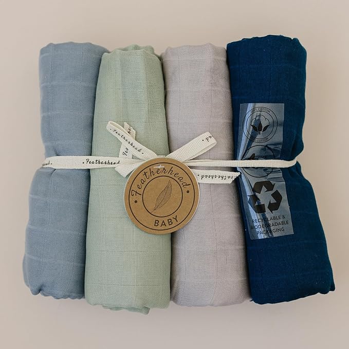 Featherhead™ 100% Cotton Muslin Swaddle Blankets for Baby Girl - Large 47”x 47” - Pre-Washed, Soft, & Breathable - Newborn Essential & Perfect Baby Registry Gift (4 Pack - Blue Solids)