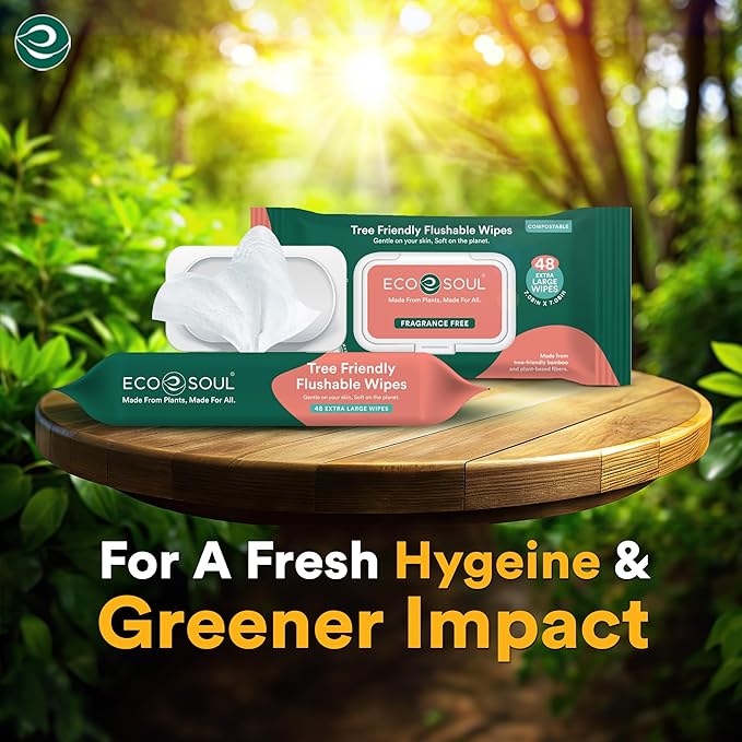 ECO SOUL Bamboo Flushable Extra-Large Adult Wipes-Unscented 192 Count |4 Pack of 48| Eco-Friendly Bamboo Wipes | 99% Purified Water, Hypoallergenic,Soft Wipes, BPA & Paraben free