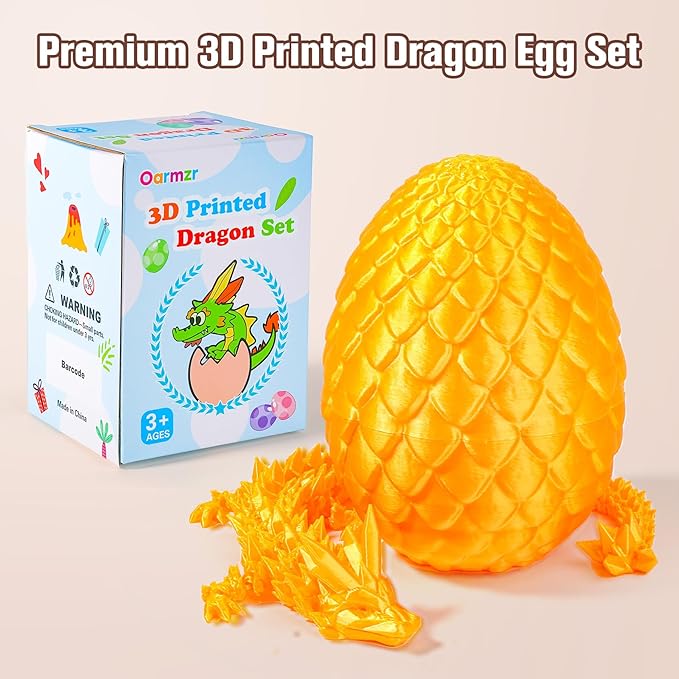 12''3D Printed Dragon and 4.73''Egg - 3D Printed Toys, Articulated Crystal Dragon Egg with Dragons Inside Fidget Toy, Decor Dragons Collectible Figurines (Silk Gold,12inch)